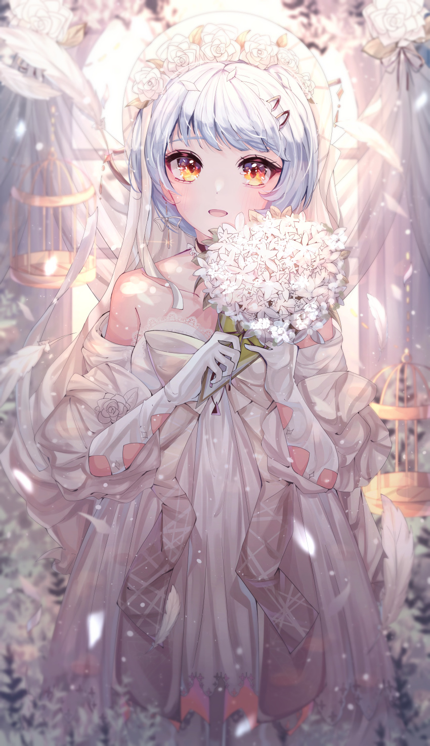 1girl :d absurdres bangs bouquet choker collarbone cowboy_shot dress elbow_gloves flower girls_frontline gloves hair_flower hair_ornament head_wreath highres holding holding_bouquet huge_filesize indoors looking_at_viewer open_mouth petals short_dress short_hair silver_hair smile solo standing strapless strapless_dress white_dress white_feathers white_flower white_gloves wine_(2148_wine) yellow_eyes zas_m21_(girls_frontline)