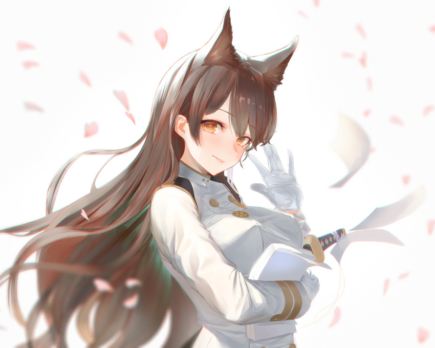 1girl absurdres animal_ears atago_(azur_lane) azur_lane breasts brown_hair cherry_blossoms closed_mouth coat commentary eyebrows_visible_through_hair gloves hair_between_eyes highres holding holding_paper katana lips long_hair looking_at_viewer me/r medium_breasts military military_uniform orange_eyes paper petals ringed_eyes scabbard sheath sheathed simple_background smile solo straight_hair sword uniform upper_body waving weapon white_background white_coat white_gloves wind