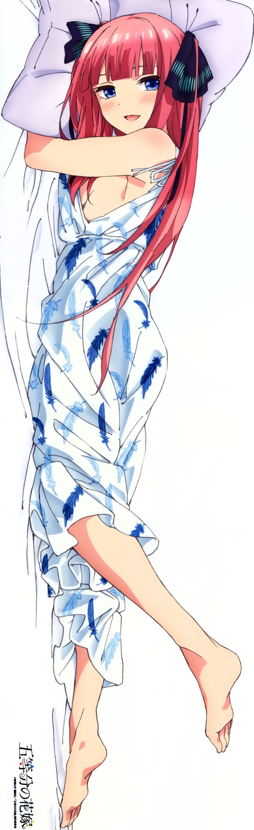 1girl :d absurdres bangs barefoot bed_sheet black_ribbon blue_eyes blunt_bangs blush breasts dakimakura dress feather_print full_body go-toubun_no_hanayome hair_ribbon highres huge_filesize long_dress long_hair looking_at_viewer lying medium_breasts nakano_nino on_stomach open_mouth pillow print_dress redhead ribbon shiny shiny_hair sideboob sleeveless sleeveless_dress smile soles solo very_long_hair white_background white_dress