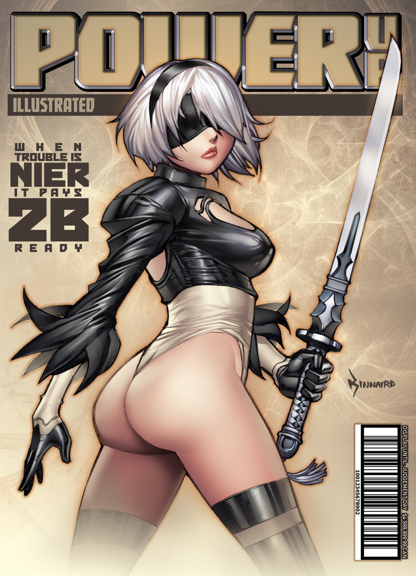 1girl ass barcode black_blindfold black_gloves black_hairband blindfold boots breasts cleavage_cutout commentary cover covered_eyes english_commentary english_text fake_magazine_cover feather-trimmed_sleeves gloves hair_over_one_eye hairband highleg highleg_leotard highres holding holding_sword holding_weapon juliet_sleeves katana leotard lips long_sleeves magazine_cover medium_breasts nier_(series) nier_automata no_mole puffy_sleeves ryan_kinnaird shiny shiny_clothes short_hair shrug_(clothing) silver_hair solo sword thigh-highs thigh_boots thighhighs_under_boots thong_leotard vambraces virtuous_contract weapon white_leotard yorha_no._2_type_b