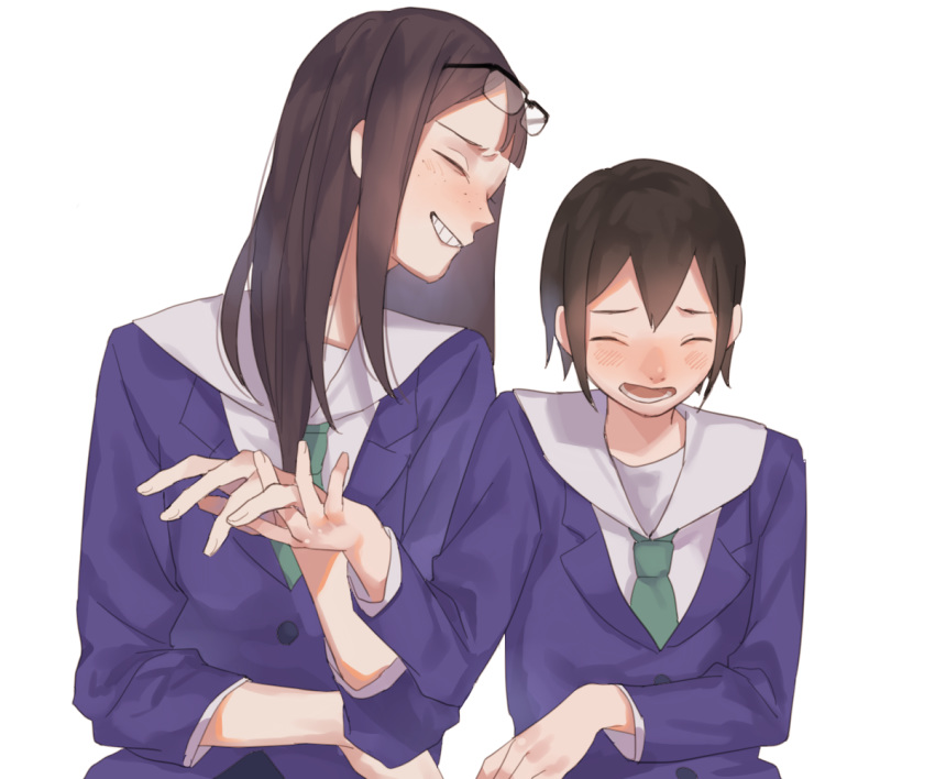 2girls asakusa_midori asymmetrical_bangs ayaki_(43510) bangs black_hair blue_eyes blush closed_eyes eizouken_ni_wa_te_wo_dasu_na! eyewear_on_head freckles green_eyes kanamori_sayaka laughing long_hair multiple_girls school_uniform short_hair simple_background solo white_background