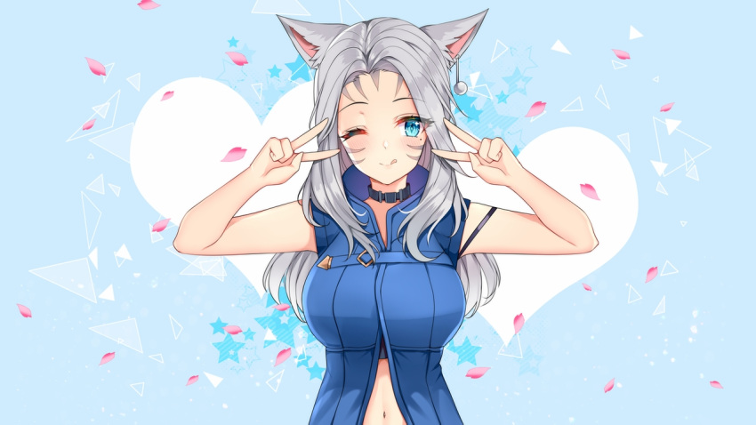 1girl animal_ears blue_eyes blush breasts closed_mouth collar commission diamond-shaped_pupils double_v emotional_engine_-_full_drive eyebrows_visible_through_hair facial_mark final_fantasy final_fantasy_xiv grey_hair jirafuru large_breasts long_hair looking_at_viewer mole mole_under_eye navel one_eye_closed sleeveless smile solo symbol-shaped_pupils tongue tongue_out v