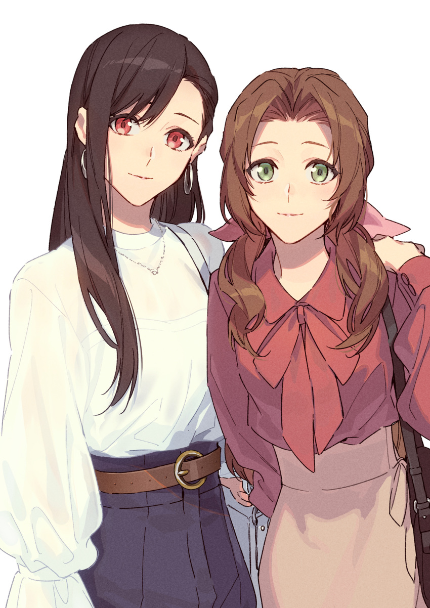 2girls aerith_gainsborough bag belt black_hair blouse brown_hair casual contemporary earrings final_fantasy final_fantasy_vii final_fantasy_vii_remake green_eyes handbag highres hoop_earrings jewelry looking_at_viewer multiple_girls neck_ribbon necklace red_eyes ribbon simple_background skirt smile tifa_lockhart white_background xia_(ryugo)