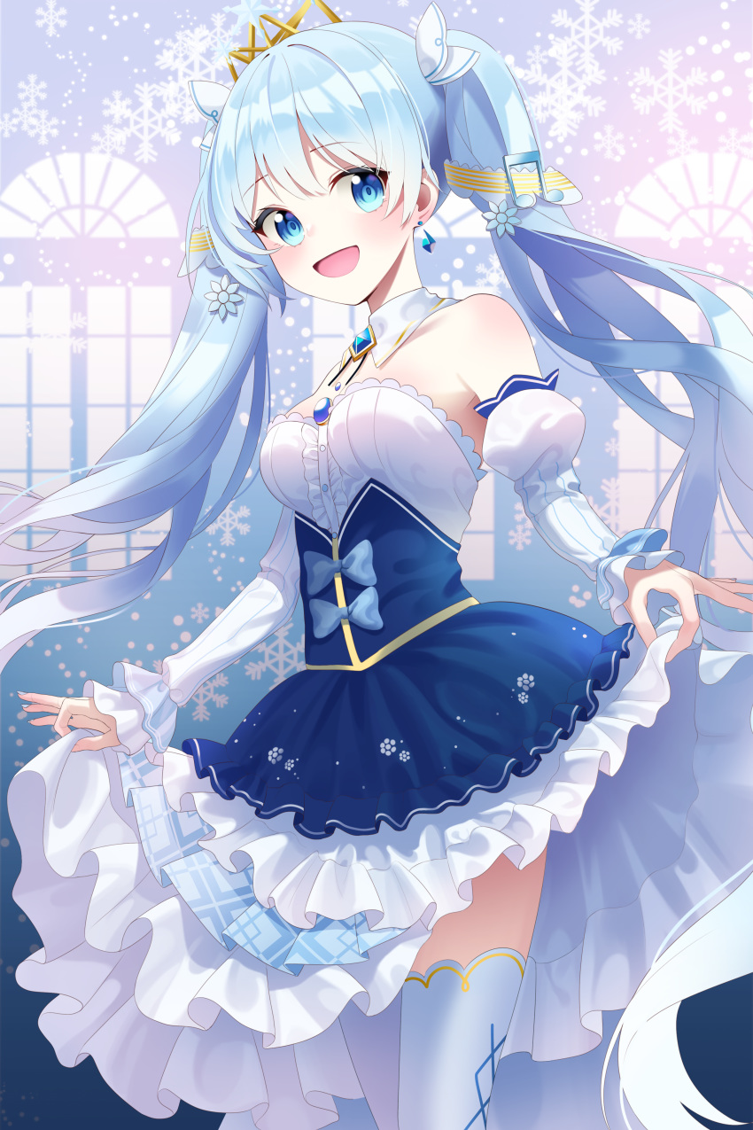 1girl :d absurdres bangs blue_bow blue_eyes blue_hair blush bow breasts detached_collar detached_sleeves earrings eyebrows_visible_through_hair floating_hair hair_ornament hatsune_miku highres jewelry layered_skirt long_hair long_sleeves looking_at_viewer medium_breasts musical_note_hair_ornament open_mouth re-leaf shiny shiny_hair skirt smile solo standing thigh-highs twintails very_long_hair vocaloid white_legwear white_skirt white_sleeves yuki_miku