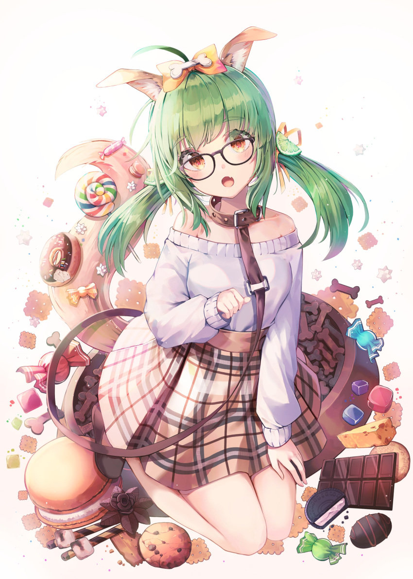 1girl absurdres ahoge animal_ears animal_ears_(artist) bare_shoulders black-framed_eyewear bow brown_skirt candy collar collarbone cookie doughnut fang food fox_ears fox_girl fox_tail glasses green_hair hair_bow hair_ornament high-waist_skirt highres kneeling leash lollipop long_hair long_sleeves looking_at_viewer macaron off-shoulder_shirt off_shoulder open_mouth orange_eyes original plaid plaid_skirt shirt skirt solo swirl_lollipop tail twintails white_shirt