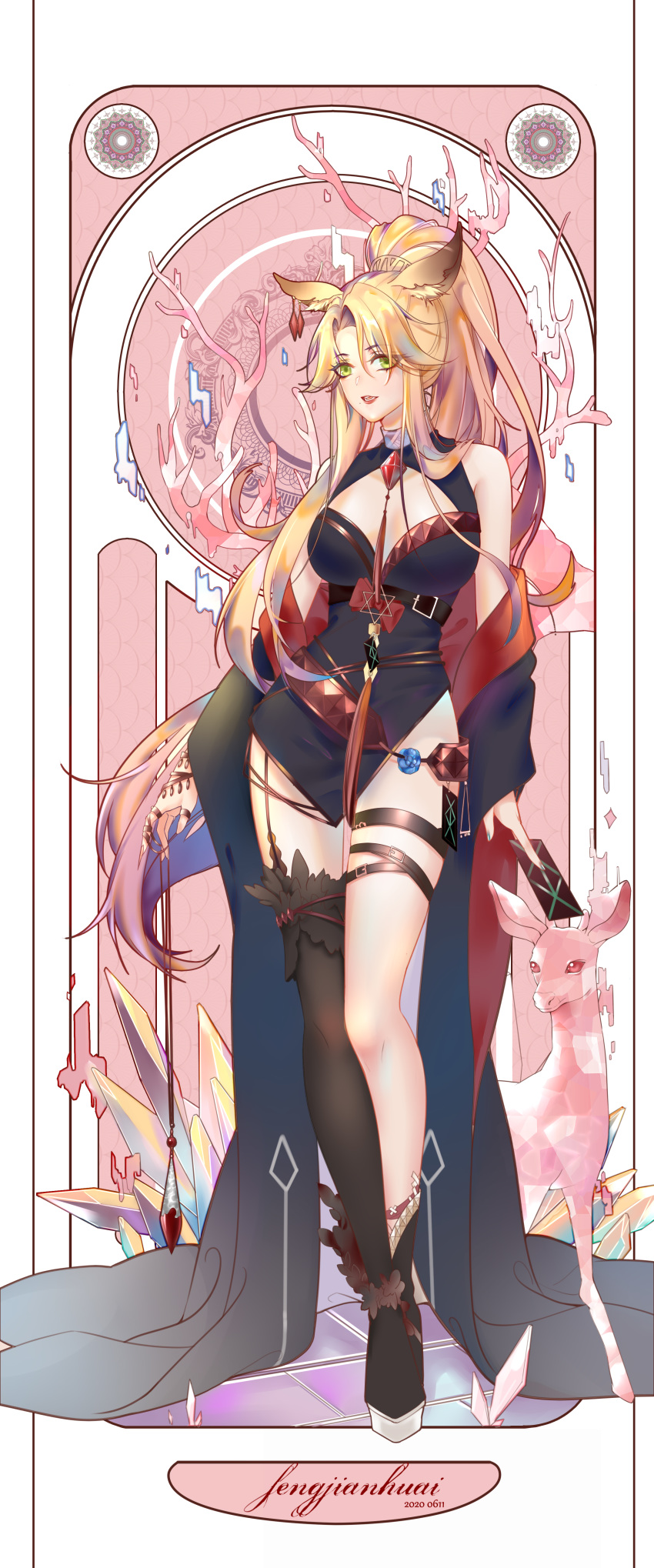 1girl :d absurdres animal_ear_fluff animal_ears arknights artist_name bangs black_dress black_footwear blonde_hair boots breasts chinese_commentary commentary_request dress fengjianhuai full_body gitano_(arknights) highres long_hair looking_at_viewer medium_breasts open_mouth red_lips short_dress single_thighhigh sleeveless sleeveless_dress smile solo standing thigh-highs thigh_strap thighs very_long_hair yellow_eyes