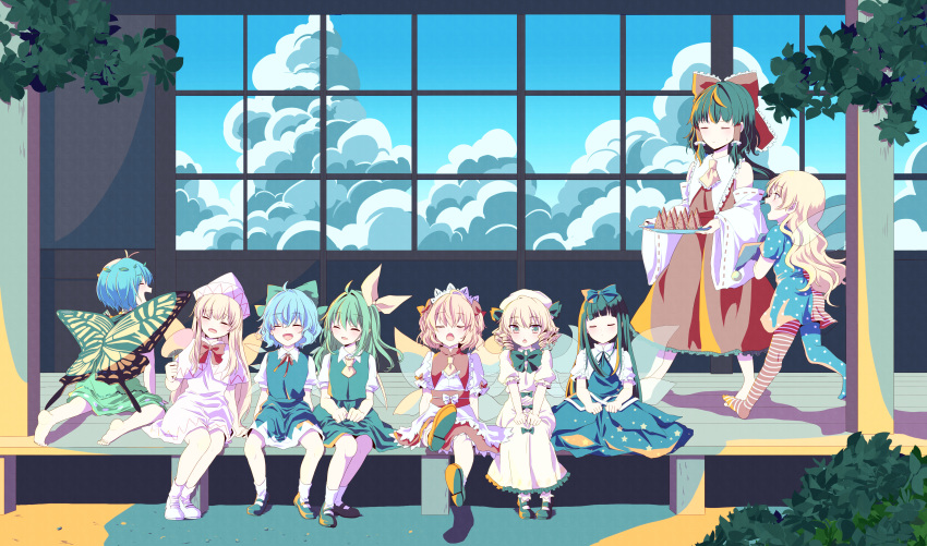 6+girls absurdres ahoge american_flag_dress american_flag_legwear antennae barefoot black_hair blonde_hair blue_bow blue_dress blue_hair blue_skirt blue_sky blue_vest bow brown_footwear cirno closed_eyes clouds clownpiece daiyousei day detached_sleeves dress eternity_larva fairy fairy_wings food green_bow green_dress green_hair green_skirt green_vest hair_bow hair_ribbon hakurei_reimu highres holding kuromame_(8gou) leaf leaf_on_head lily_white luna_child multiple_girls no_headwear no_shoes open_mouth outdoors pantyhose popsicle porch puffy_short_sleeves puffy_sleeves red_bow red_skirt red_vest ribbon ribbon-trimmed_sleeves ribbon_trim shoes short_dress short_hair short_sleeves sitting skirt skirt_set sky smile socks star_(symbol) star_print star_sapphire striped summer sunny_milk touhou transparent_wings vest walking watermelon_bar wavy_hair white_dress white_headwear wings yellow_ribbon