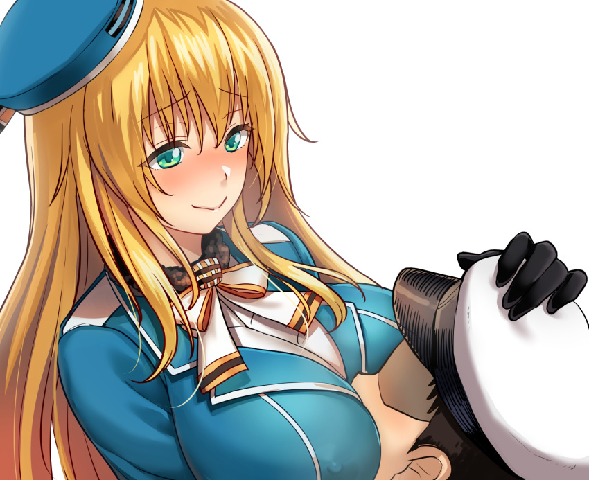 1boy 1girl admiral_(kantai_collection) atago_(kantai_collection) bangs beret black_gloves blonde_hair blue_headwear blush bow bowtie breast_smother breasts closed_mouth gloves green_eyes hand_on_another's_head hat highres kantai_collection large_breasts long_hair military military_uniform smile umiharu uniform upper_body