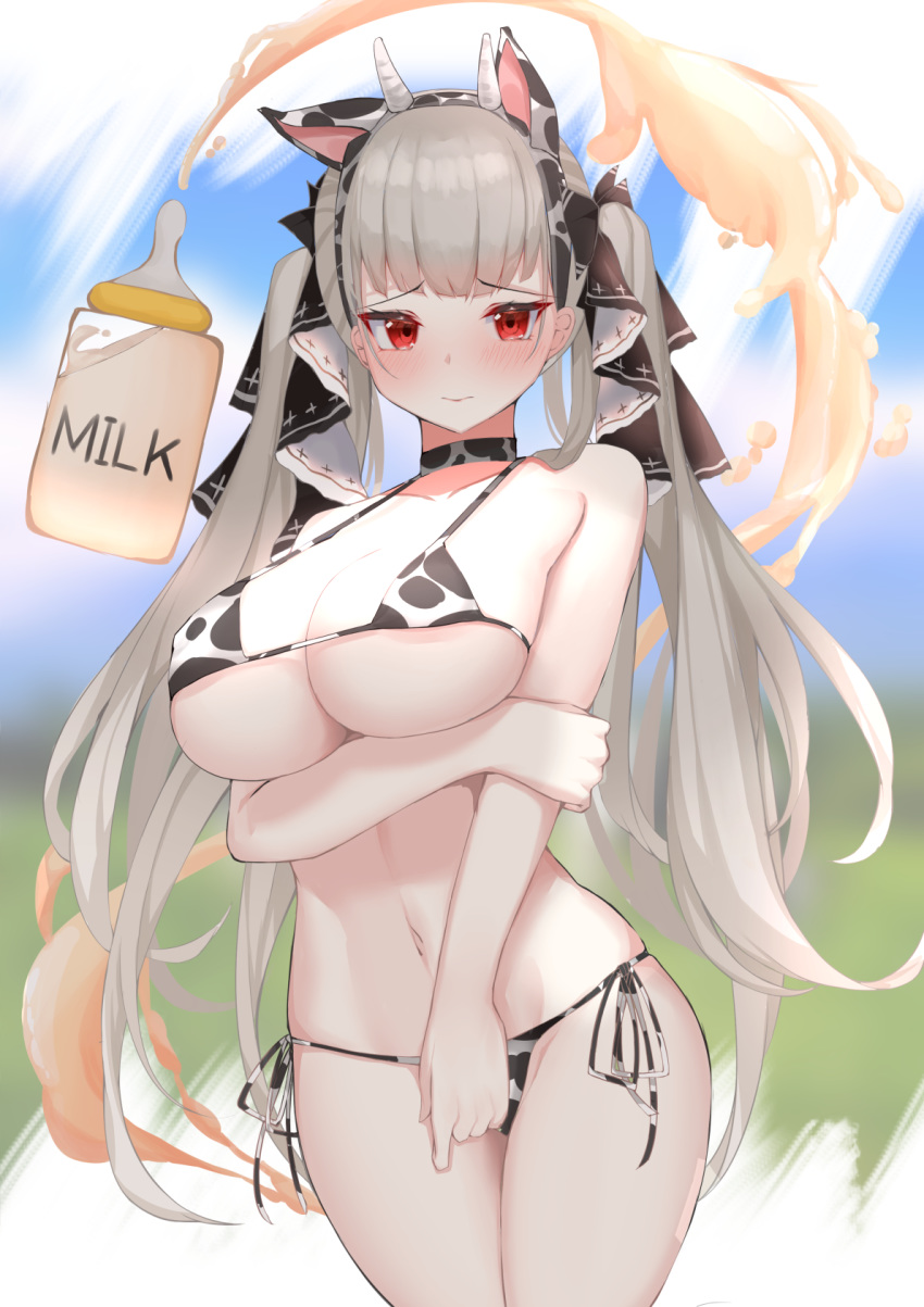 1girl animal_ears animal_print azur_lane baby_bottle bangs bikini blush bottle breast_hold breasts choker closed_mouth cow_ears cow_horns cow_print cowboy_shot embarrassed fake_animal_ears fake_horns formidable_(azur_lane) grey_hair hair_ribbon hairband hand_on_own_arm highres holding_arm horns large_breasts long_hair milk navel nephthys2356 pacifier print_bikini red_eyes ribbon side-tie_bikini silver_hair smile solo string_bikini swimsuit twintails two-sided_fabric two-tone_ribbon under_boob very_long_hair