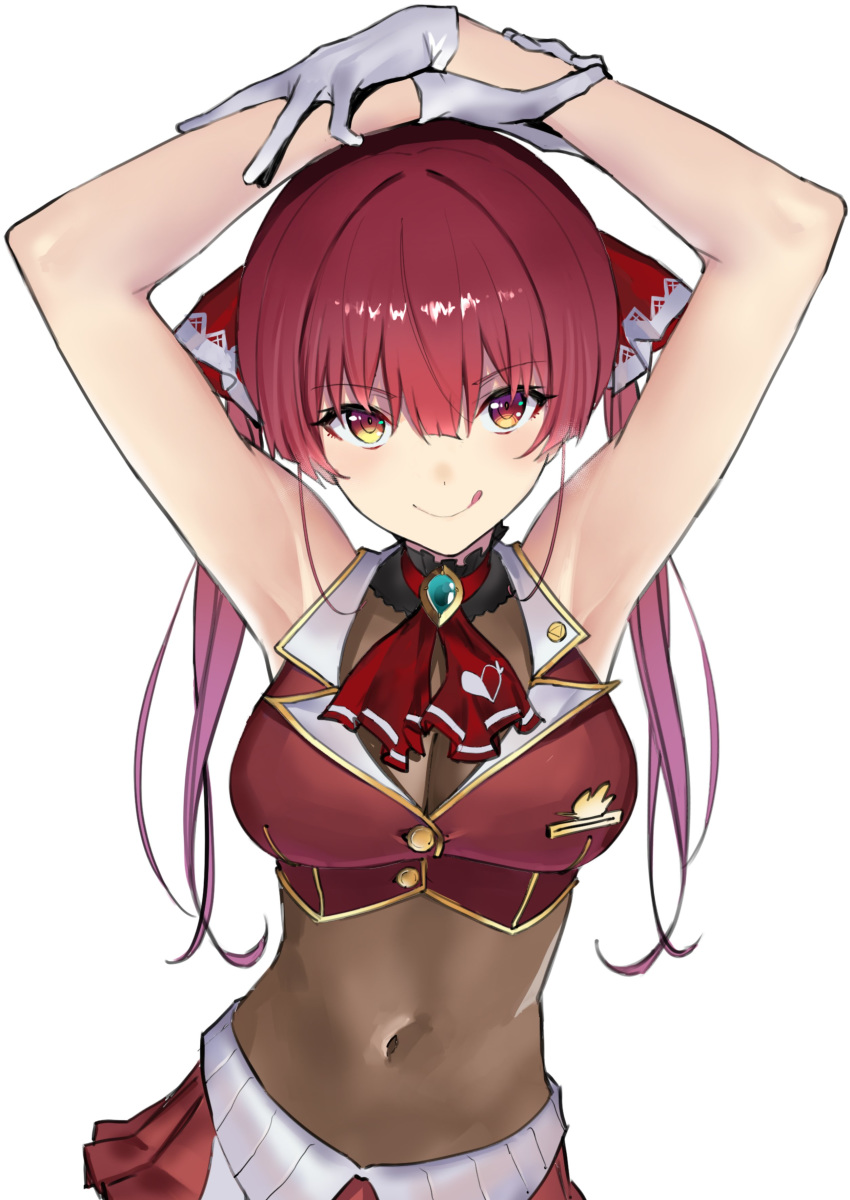 1girl absurdres armpits arms_behind_head arms_up ascot bangs blush bodystocking breasts brooch closed_mouth covered_navel crop_top gloves heterochromia highres hololive houshou_marine jewelry jikatarou licking_lips long_hair looking_at_viewer red_eyes red_neckwear red_shirt redhead shirt simple_background sleeveless smile tongue tongue_out twintails virtual_youtuber white_background white_gloves yellow_eyes