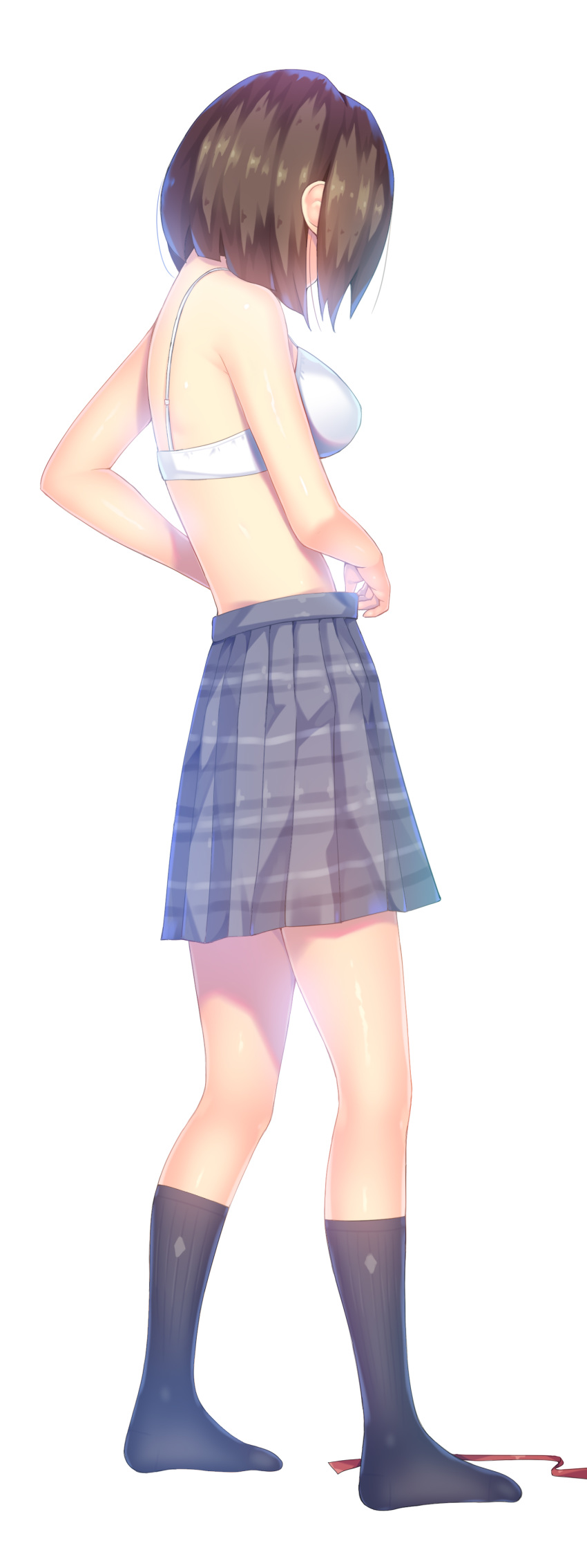 1girl a.x. absurdres bare_arms bare_shoulders black_legwear bra breasts brown_hair from_side grey_skirt highres kneehighs medium_breasts no_shoes original plaid plaid_skirt pleated_skirt short_hair simple_background skirt solo standing underwear white_background white_bra