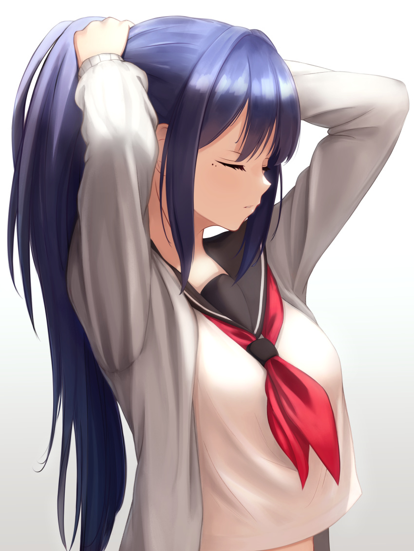 1girl absurdres black_sailor_collar blue_hair closed_eyes collared_shirt hair_intakes highres long_hair long_sleeves mole mole_under_eye neckerchief nijisanji ponytail red_neckwear sailor_collar sailor_shirt school_uniform serafuku shiny shiny_hair shirt shizuka_rin simple_background solo tying_hair upper_body very_long_hair virtual_youtuber white_background white_shirt yatarime