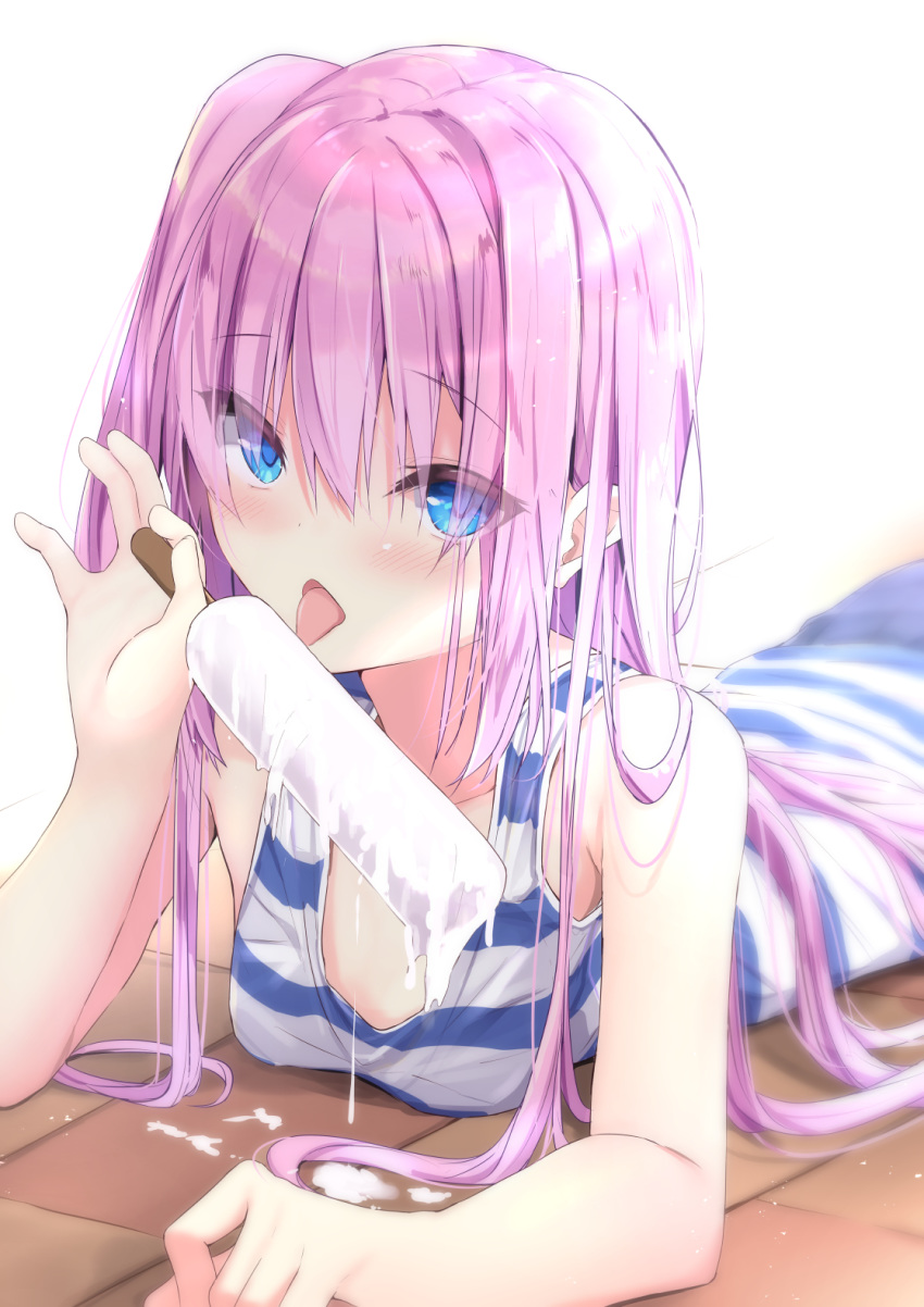 1girl bangs bare_arms bare_shoulders blue_eyes breasts collarbone commentary_request dripping eyebrows_visible_through_hair food hair_between_eyes hand_up highres holding holding_food ice_cream kouda_suzu long_hair lying on_stomach one_side_up original parted_lips pink_hair small_breasts solo striped striped_tank_top tank_top tongue tongue_out very_long_hair white_background
