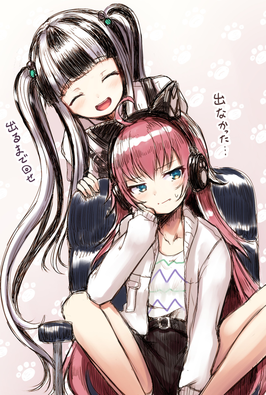 2girls :d ^_^ ahoge bang_dream! bangs black_hair black_shorts blue_eyes blunt_bangs blush cat_ear_headphones chair chin_rest closed_eyes commentary_request elbow_on_knee fang frown getsuyou_yasumi hair_bobbles hair_ornament headphones highres jacket knees_up long_hair long_sleeves multicolored_hair multiple_girls nyubara_reona open_mouth paw_print_background redhead shirt shorts sidelocks sitting smile spread_legs sweatdrop tamade_chiyu translation_request twintails two-tone_hair very_long_hair white_hair white_jacket white_shirt