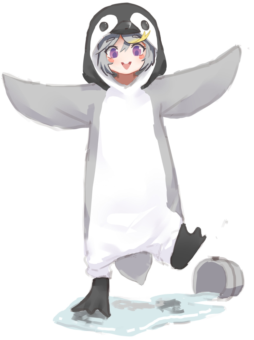 1girl absurdres animal_costume bird_costume blush_stickers bodysuit cosplay empress_(last_origin) flat_chest greentree grey_hair highres kigurumi last_origin penguin_costume simple_background smile solo violet_eyes white_background younger