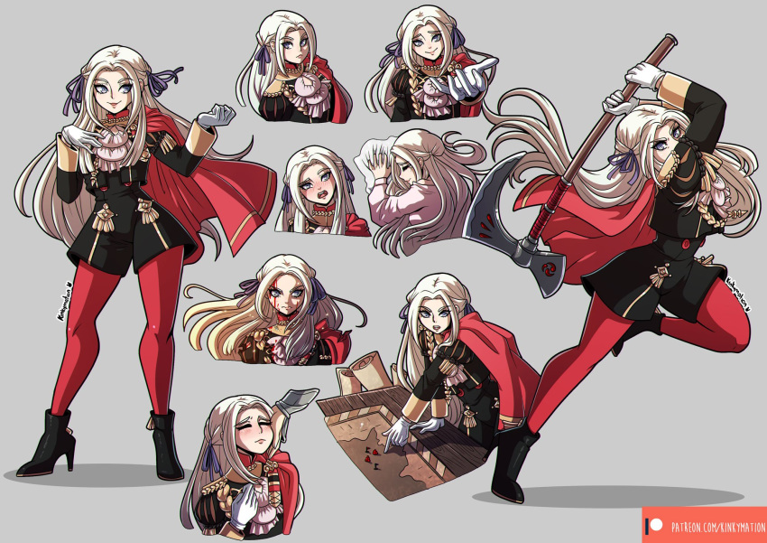 1girl artist_name axe black_footwear blood blood_on_face bloody_clothes blush closed_eyes crying edelgard_von_hresvelg eyebrows_visible_through_hair eyes_visible_through_hair fire_emblem fire_emblem:_three_houses garreg_mach_monastery_uniform gloves grey_background high_heels highres holding holding_axe holding_weapon kinkymation long_hair looking_at_viewer map multiple_views open_mouth pantyhose patreon_username pillow red_legwear shorts simple_background smile standing table teeth tongue torn_clothes violet_eyes watermark weapon white_hair