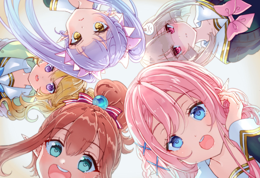 5girls :&lt; :d :o aqua_eyes bangs blonde_hair blue_bow blue_eyes blue_hair blunt_bangs blush bow bowtie braid brown_hair cardigan cat_hair_ornament character_request closed_mouth collarbone elf elf_gakuen_no_love_come_wa_sotsugyou_dekinai eyebrows_visible_through_hair face from_below hair_between_eyes hair_bow hair_ornament hair_tucking highres lips long_hair long_sleeves looking_at_viewer looking_down multiple_girls novel_illustration official_art open_cardigan open_clothes open_mouth parted_lips pink_hair pisuke pointy_ears ponytail red_eyes round_teeth school_uniform shaded_face side_ponytail sidelocks smile teeth textless twintails upper_teeth violet_eyes wavy_hair x_hair_ornament yellow_eyes