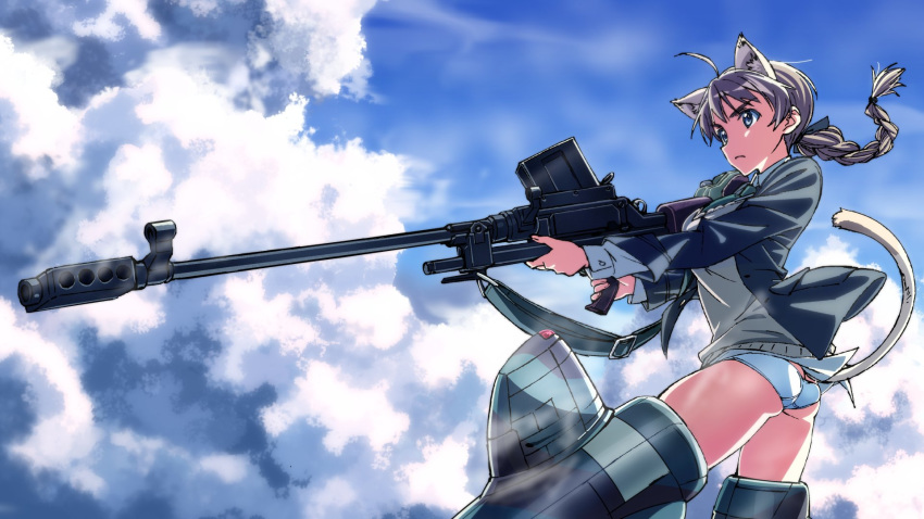 1girl ahoge animal_ears anti-tank_rifle ass blue_eyes boys_anti_tank_rifle braid breasts brown_hair cat_ears cat_tail flying from_behind highres kogarashi51 long_hair lynette_bishop medium_breasts panties shiny shiny_hair shiny_skin single_braid solo strike_witches striker_unit sweater_vest tail underwear white_panties world_witches_series