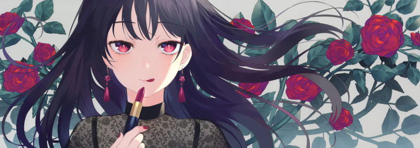 1girl :p absurdres achiki black_hair earrings flower highres huge_filesize jewelry long_hair looking_at_viewer original red_flower red_nails see-through smile solo tongue tongue_out