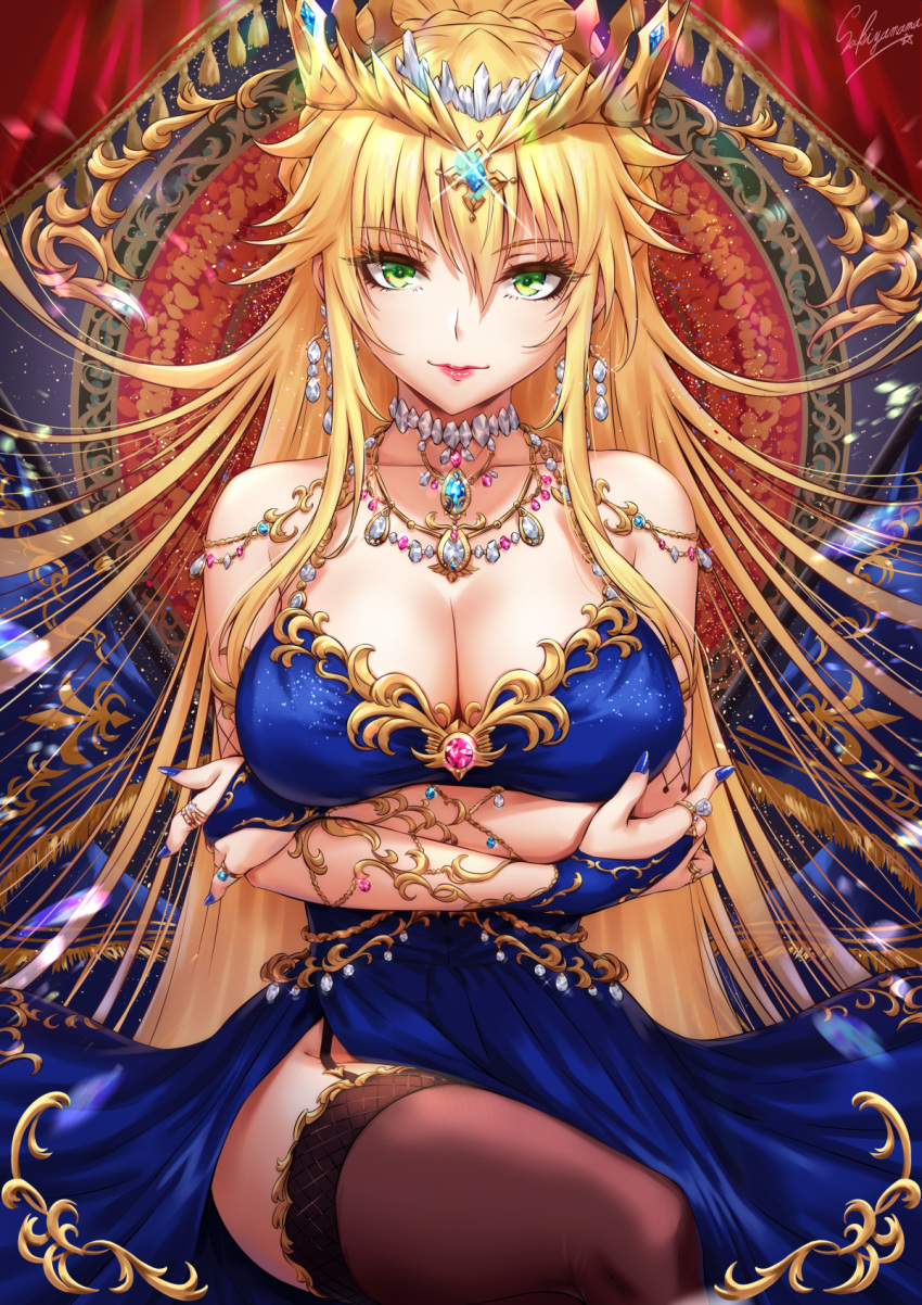 1girl artoria_pendragon_(all) artoria_pendragon_(lancer) bangs bare_shoulders black_legwear blonde_hair blue_dress blue_nails braid breasts commentary_request crown dress earrings eyebrows_visible_through_hair fate/grand_order fate_(series) gem green_eyes hair_ornament highres jewelry long_hair looking_at_viewer partial_commentary ribbon sakiyamama sitting smile solo thigh-highs very_long_hair