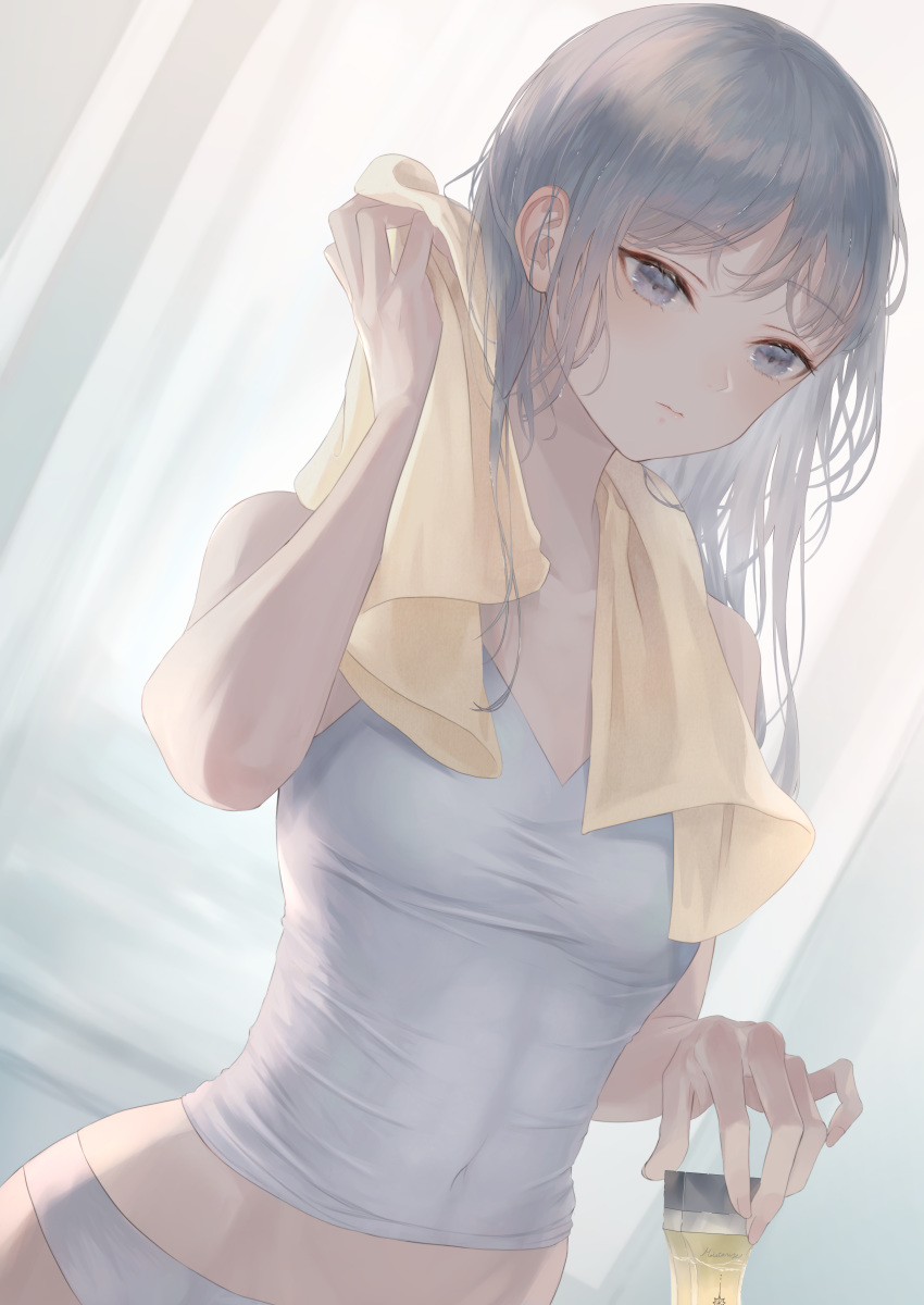 1girl absurdres bangs breasts closed_mouth collarbone covered_navel dutch_angle eyebrows_visible_through_hair grey_eyes highres holding indoors long_hair midriff nyaon_oekaki original panties shirt silver_hair sleeveless sleeveless_shirt small_breasts solo standing stomach towel towel_around_neck underwear white_panties white_shirt yellow_towel