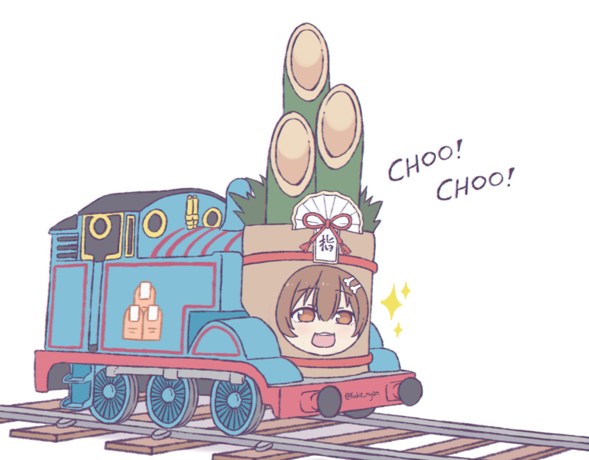 1girl :3 :d bamboo bangs bone_hair_ornament brown_eyes brown_hair cartoon_bone crossover english_text eyebrows_visible_through_hair fusion hair_between_eyes hololive inugami_korone kukie-nyan locomotive open_mouth parody railroad_tracks simple_background smile solo sparkle steam_locomotive thomas_the_tank_engine thomas_the_tank_engine_(character) virtual_youtuber white_background