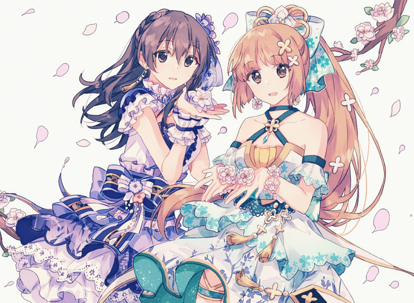 2girls bare_shoulders black_eyes black_hair blonde_hair blue_dress bow braid character_request dress dress_bow earrings eyebrows_visible_through_hair floral_print flower frilled_dress frilled_sleeves frills gocoli hair_bow hair_ornament highres idolmaster idolmaster_cinderella_girls jewelry layered_dress long_hair long_ponytail looking_at_viewer multiple_girls open_mouth petals ponytail purple_dress short_sleeves sidelocks simple_background standing tareme tied_hair white_background yellow_eyes