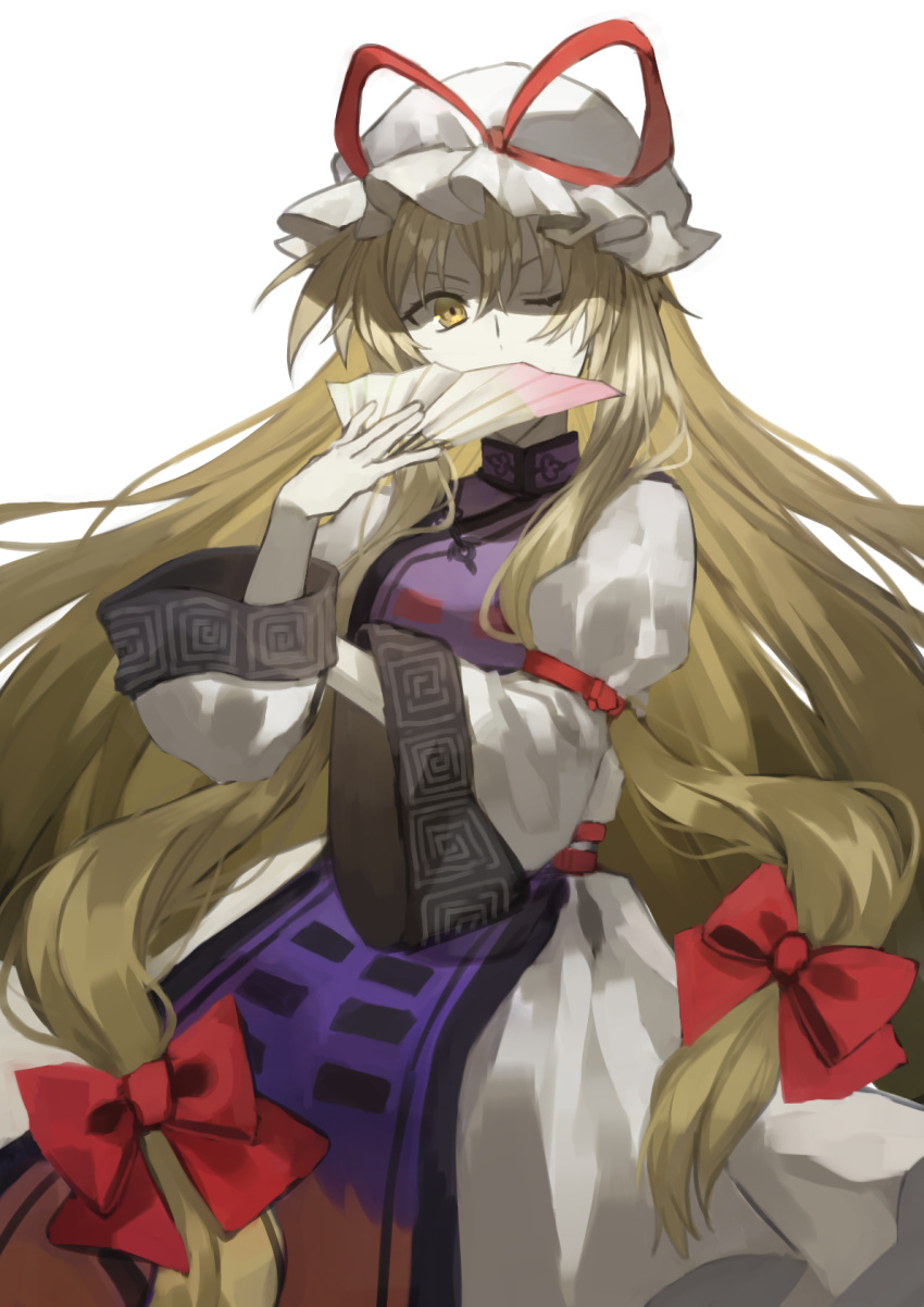 1girl arm_strap bangs blonde_hair bow covering_mouth cowboy_shot dress fan flame_print focused folding_fan hair_between_eyes hair_bow hat highres holding holding_fan long_hair long_sleeves looking_at_viewer mob_cap one_eye_closed otoshiro_kosame puffy_long_sleeves puffy_sleeves red_bow sidelocks simple_background solo tabard touhou trigram very_long_hair white_background white_dress wide_sleeves yakumo_yukari yellow_eyes yin_yang_print