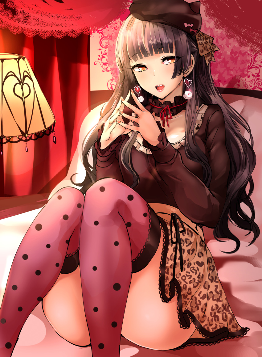 1girl :d agetama ass bangs beret black_hair blunt_bangs breasts earrings eyebrows_visible_through_hair frills hat highres idolmaster idolmaster_shiny_colors jewelry lamp looking_at_viewer mayuzumi_fuyuko on_bed open_mouth pillow pink_legwear polka_dot polka_dot_legwear sitting skirt smile solo teeth thigh-highs