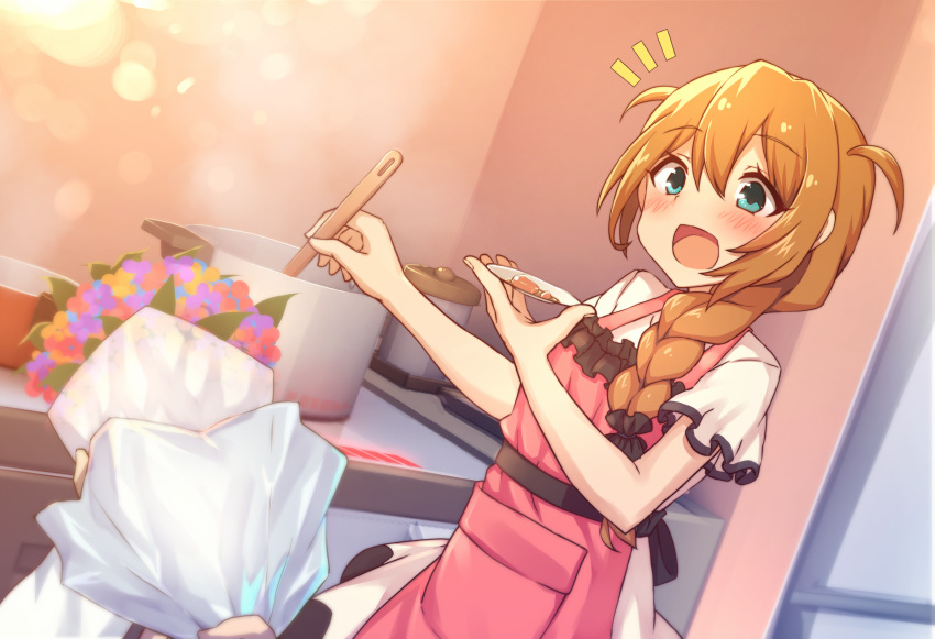 1girl :d apron baba_konomi bangs blue_eyes blue_flower blush bouquet braid commentary_request cooking dress eyebrows_visible_through_hair flower frilled_apron frills hair_between_eyes hair_over_shoulder highres holding holding_bouquet idolmaster idolmaster_million_live! indoors long_hair notice_lines open_mouth pink_apron pot purple_flower red_flower shinopoko short_sleeves single_braid smile solo_focus standing stove two_side_up white_dress yellow_flower