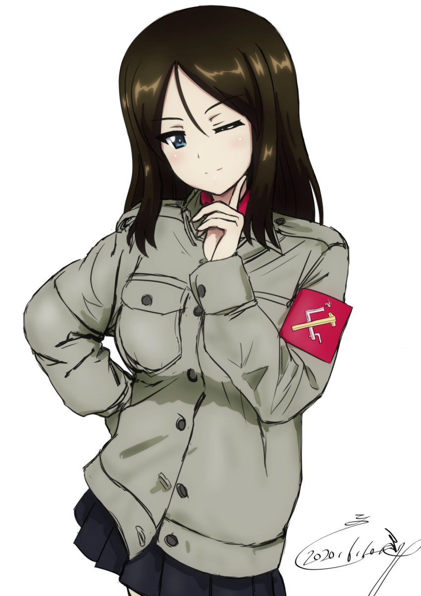 1girl armband artist_name bangs blue_eyes breasts brown_hair bukkuri closed_mouth dated finger_to_cheek girls_und_panzer grey_jacket hand_on_hip highres jacket long_hair long_sleeves looking_at_viewer nonna_(girls_und_panzer) one_eye_closed pleated_shirt simple_background skirt solo