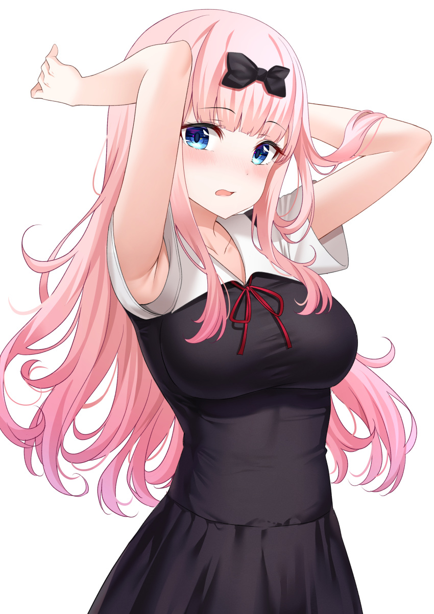 1girl absurdres armpit_peek armpits arms_up black_dress blue_eyes breasts dress fujiwara_chika highres impossible_clothes impossible_dress kaguya-sama_wa_kokurasetai_~tensai-tachi_no_renai_zunousen~ long_hair looking_at_viewer medium_breasts open_mouth pink_hair shirt short_sleeves simple_background solo sunhyun taut_clothes taut_dress upper_body white_background white_shirt wing_collar