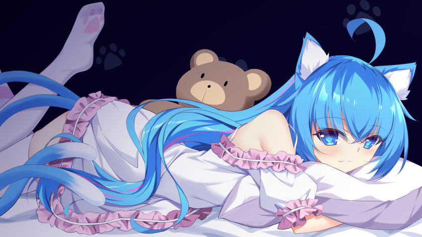 1girl ahoge animal_ear_fluff animal_ears bangs bed_sheet blue_background blue_eyes blue_hair cat_ears closed_mouth dress eyebrows_visible_through_hair from_side hair_between_eyes highres kekewei_(virtual_youtuber) kekewei_channel leg_up long_hair lying multiple_tails on_stomach paw_background paw_print pillow print_legwear rx7649 shiny shiny_hair short_dress shoulder_cutout solo stuffed_animal stuffed_toy tail teddy_bear thigh-highs two_tails very_long_hair virtual_youtuber white_dress white_legwear
