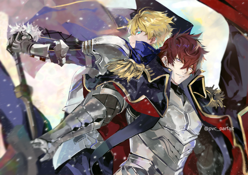 2boys armor arthur_pendragon_(fate) black_cape blonde_hair blue_cape blue_eyes cape epaulettes excalibur_(fate/prototype) fate/prototype fate/prototype:_fragments_of_blue_and_silver fate_(series) gloves holding holding_sword holding_weapon latin_commentary looking_at_viewer lucius_tiberius_(fate) male_focus messy_hair multiple_boys popped_collar profile pvc_parfait redhead smile sword twitter_username upper_body violet_eyes weapon
