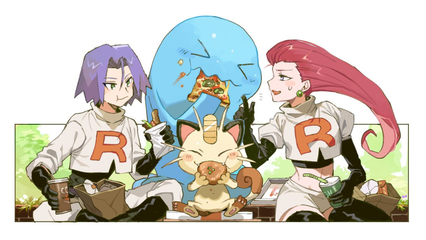 &gt;_&lt; 1boy 1girl blue_eyes blue_hair blush closed_eyes earrings eating elbow_gloves food gen_1_pokemon gen_2_pokemon gloves green_eyes hair_slicked_back holding_pizza jewelry kojirou_(pokemon) long_hair meowth musashi_(pokemon) newo_(shinra-p) open_mouth pizza pokemon pokemon_(anime) pokemon_(creature) purple_hair redhead smile team_rocket team_rocket_uniform thigh-highs wobbuffet