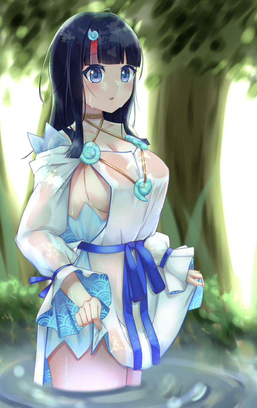 1girl absurdres artist_request backlighting bangs bare_shoulders black_hair blue_eyes blue_ribbon blush breasts collarbone dress fate/grand_order fate/requiem fate_(series) highres jewelry large_breasts long_sleeves looking_at_viewer magatama magatama_hair_ornament medium_hair multicolored_hair necklace open_mouth pelvic_curtain pink_hair puffy_long_sleeves puffy_sleeves ribbon short_dress sideboob sideless_outfit streaked_hair thighs tree utsumi_erise wading water wet wet_clothes white_dress