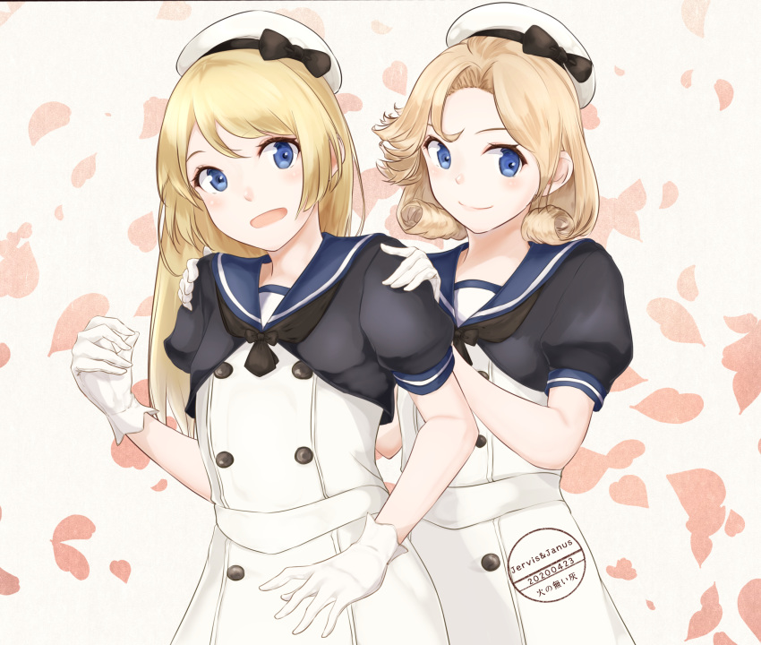 2girls bangs blonde_hair blue_eyes blue_sailor_collar dress gloves hat highres janus_(kantai_collection) jervis_(kantai_collection) kantai_collection multiple_girls open_mouth parted_bangs sailor_collar sailor_dress sailor_hat short_sleeves smile swept_bangs velchi white_gloves white_headwear