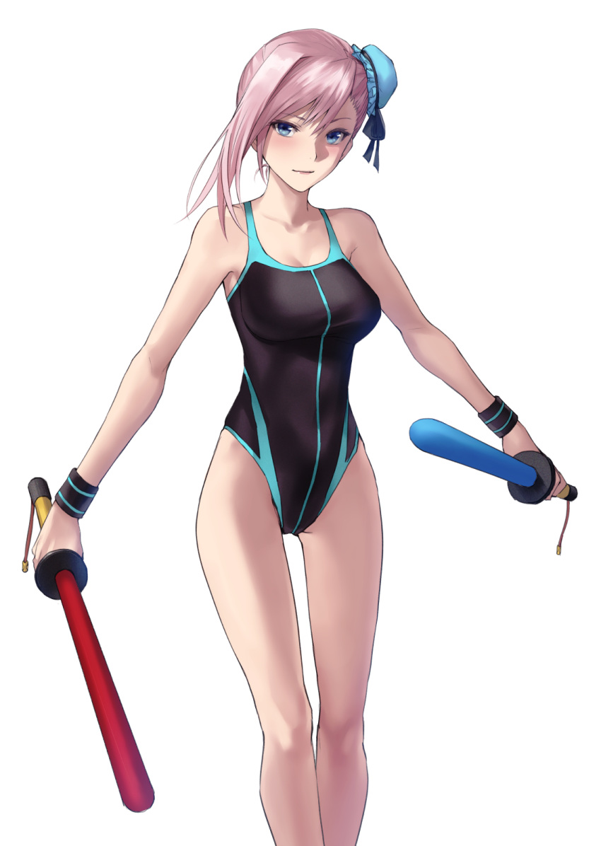 1girl applekun asymmetrical_hair bangs bare_shoulders black_swimsuit blue_eyes blush breasts bun_cover closed_mouth collarbone fate/grand_order fate_(series) hair_bun highleg highleg_swimsuit highres large_breasts long_hair looking_at_viewer miyamoto_musashi_(fate/grand_order) miyamoto_musashi_(swimsuit_berserker)_(fate) one-piece_swimsuit pink_hair side_bun simple_background swept_bangs swimsuit thighs toy_sword two-tone_swimsuit white_background
