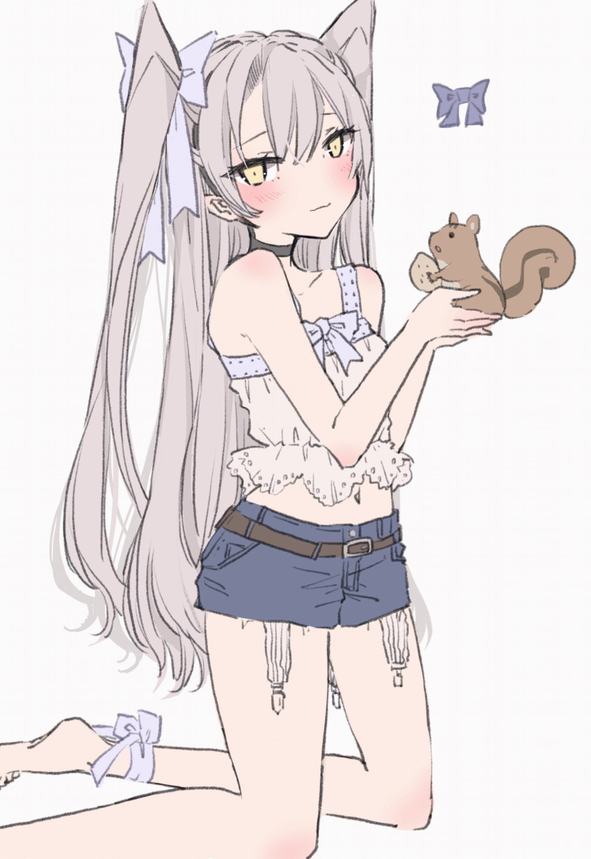 1girl 1other alternate_costume amatsukaze_(kantai_collection) barefoot belt blue_shorts brown_eyes camisole casual chigasaki_y choker collarbone commentary_request denim denim_shorts feet_out_of_frame frilled_shirt frills garter_straps highres kantai_collection long_hair looking_at_viewer shirt shorts silver_hair simple_background squirrel white_background