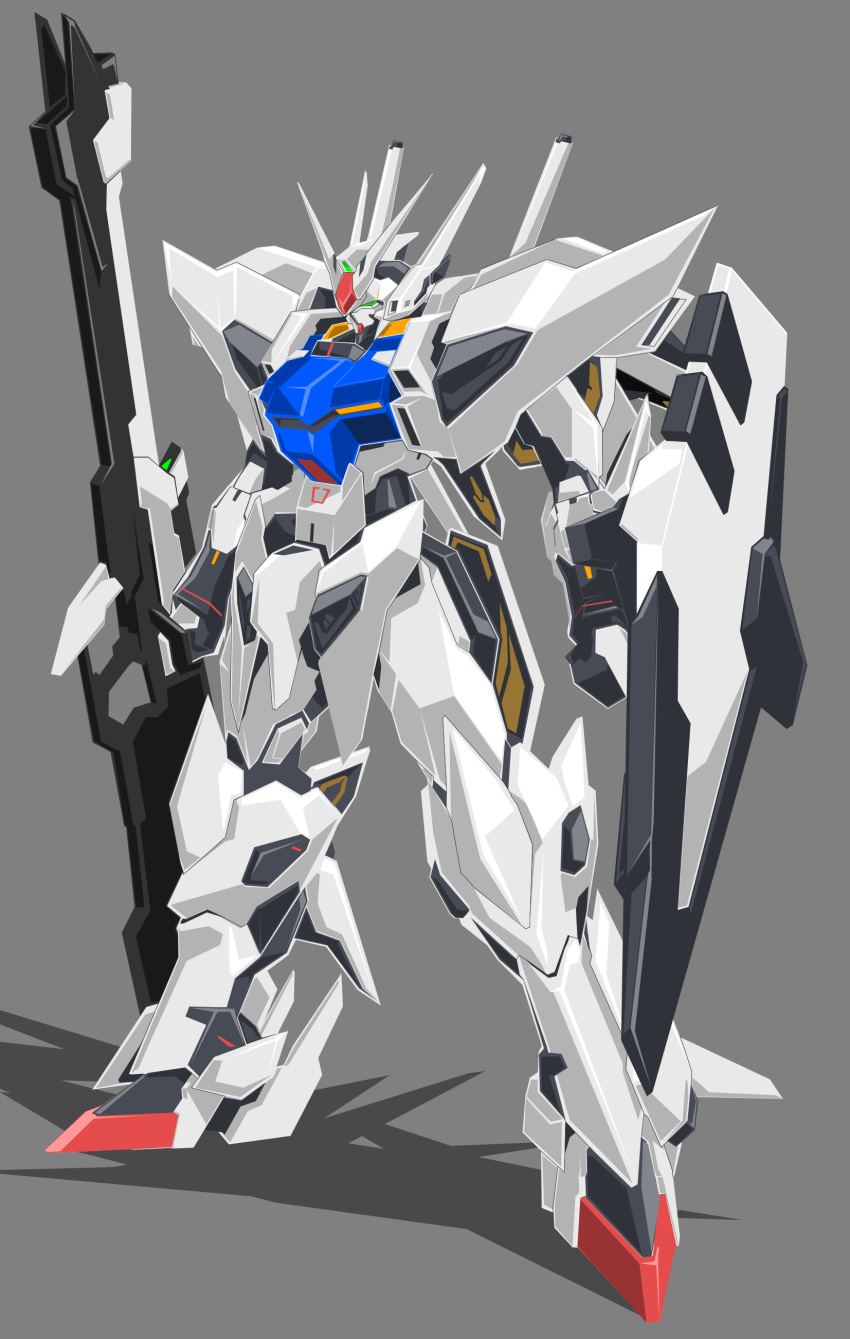 absurdres beam_rifle beastkingbarbaros clenched_hand energy_gun green_eyes grey_background gun gundam highres mecha no_humans original rifle shield sniper_rifle standing v-fin weapon