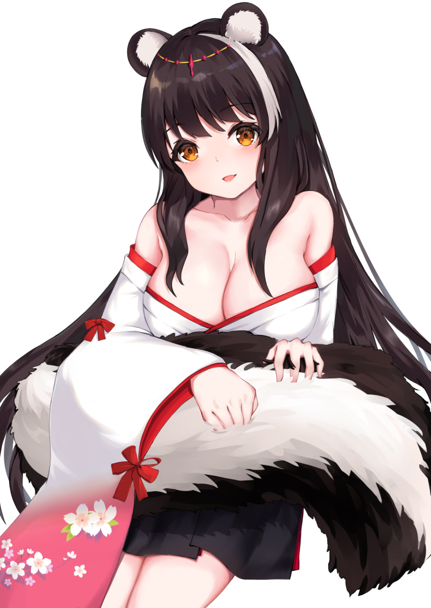 1girl animal_ear_fluff animal_ears azur_lane bare_shoulders black_hair blush breasts eyebrows_visible_through_hair floral_print hair_between_eyes hair_ornament highres holding_tail irato_at japanese_clothes kimono large_breasts long_hair long_sleeves long_tail looking_at_viewer multicolored_hair naganami_(azur_lane) off_shoulder open_mouth simple_background skunk_ears skunk_girl skunk_tail smile solo tail white_background white_hair white_kimono wide_sleeves