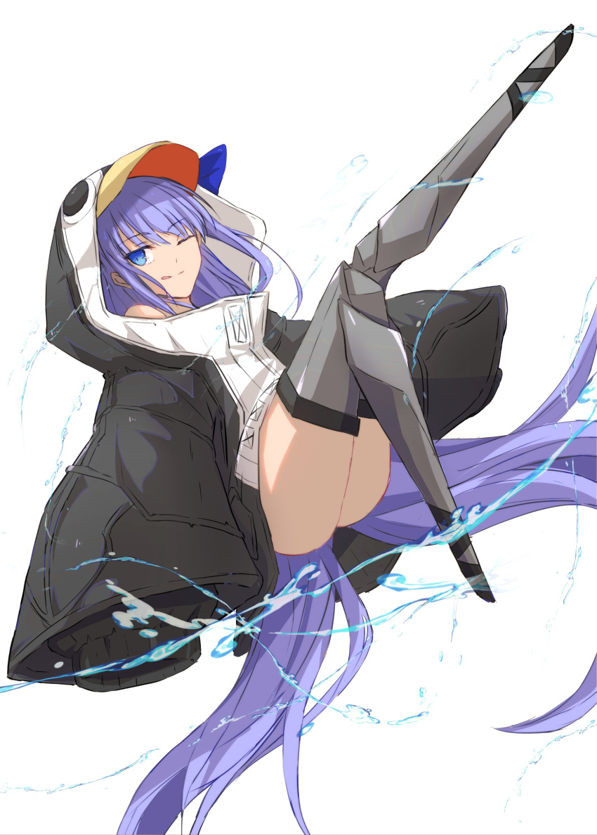 1girl absurdres animal_hood ass bangs black_jacket blue_bow blue_eyes bow breasts closed_mouth fate/grand_order fate_(series) greaves highres hood hood_up jacket konoya_eimu licking_lips long_hair long_sleeves looking_at_viewer meltryllis meltryllis_(swimsuit_lancer)_(fate) one_eye_closed penguin_hood prosthesis prosthetic_leg purple_hair simple_background sleeves_past_fingers sleeves_past_wrists small_breasts smile thighs tongue tongue_out very_long_hair water white_background