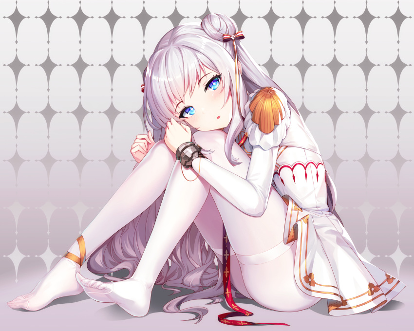+_+ 1girl azur_lane bangs blue_eyes bow btraphen commentary_request double_bun dress eyebrows_visible_through_hair full_body hair_bow highres knees_up le_malin_(azur_lane) leg_hug long_sleeves looking_at_viewer no_shoes pantyhose parted_lips silver_hair sitting soles solo striped striped_bow thighband_pantyhose white_dress white_legwear