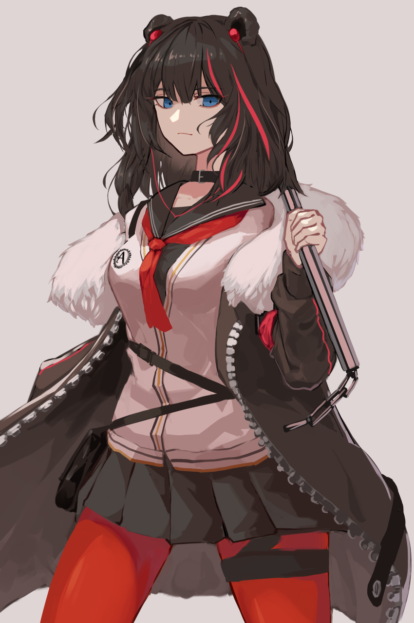 1girl absurdres animal_ears arknights axe bangs bear_ears black_choker black_jacket black_sailor_collar blue_eyes brown_hair choker earphones earphones expressionless fur-trimmed_jacket fur_trim hair_between_eyes highres holding holding_axe jacket long_sleeves multicolored_hair pantyhose red_legwear redhead sailor_collar school_uniform serafuku shirt solo standing wildbori zima_(arknights)