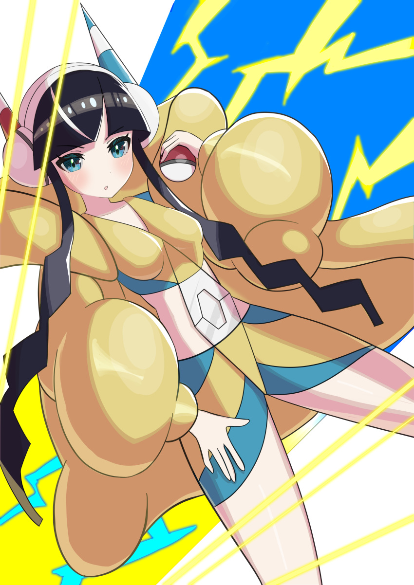 1girl :o absurdres aimubaniran bangs black_hair blue_eyes blunt_bangs blush breasts coat collarbone commentary electricity eyelashes fur_coat gym_leader hand_on_own_thigh headphones highres holding holding_poke_ball kamitsure_(pokemon) long_hair looking_at_viewer poke_ball poke_ball_(generic) pokemon pokemon_(game) pokemon_bw2 shiny shiny_hair solo twintails very_long_hair yellow_coat