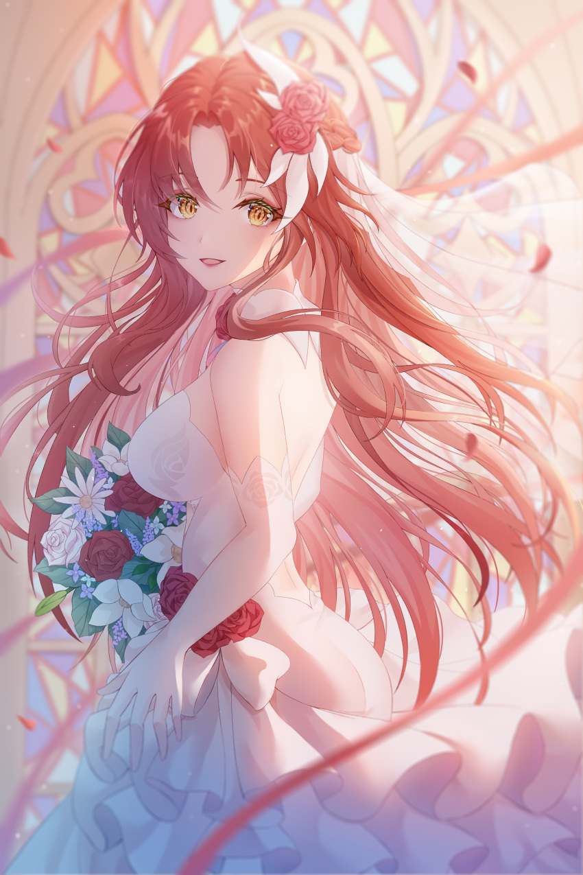 absurdres blurry blurry_background blurry_foreground blush bouquet breasts bridal_veil bride brown_eyes church commentary dress elbow_gloves floating_hair floral_print flower from_side gloves hair_flower hair_ornament hair_ribbon highres holding holding_bouquet honkai_(series) honkai_impact_3rd indoors large_breasts long_hair murata_himeko nalukikiki open_mouth red_flower red_rose redhead ribbon rose stained_glass strapless strapless_dress veil wedding wedding_dress white_dress white_gloves