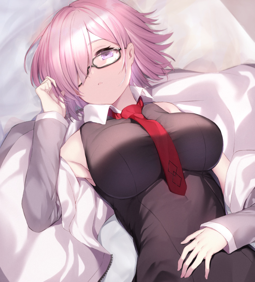 1girl bangs black_dress blush breasts dress fate/grand_order fate_(series) glasses grey_jacket hair_over_one_eye highres jacket large_breasts lavender_hair lying maosame mash_kyrielight necktie on_back open_clothes open_jacket parted_lips red_neckwear short_hair violet_eyes