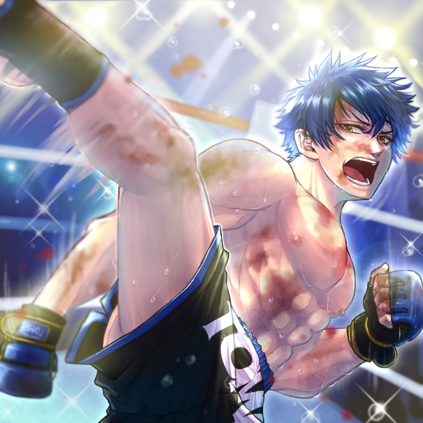 1boy :o abs black_shorts blue_hair boxing_ring bruise clenched_hand gloves high_kick highres indoors injury kicking looking_at_viewer male_focus motion_blur muscle nipples original pectorals shirtless shorts solo sweat