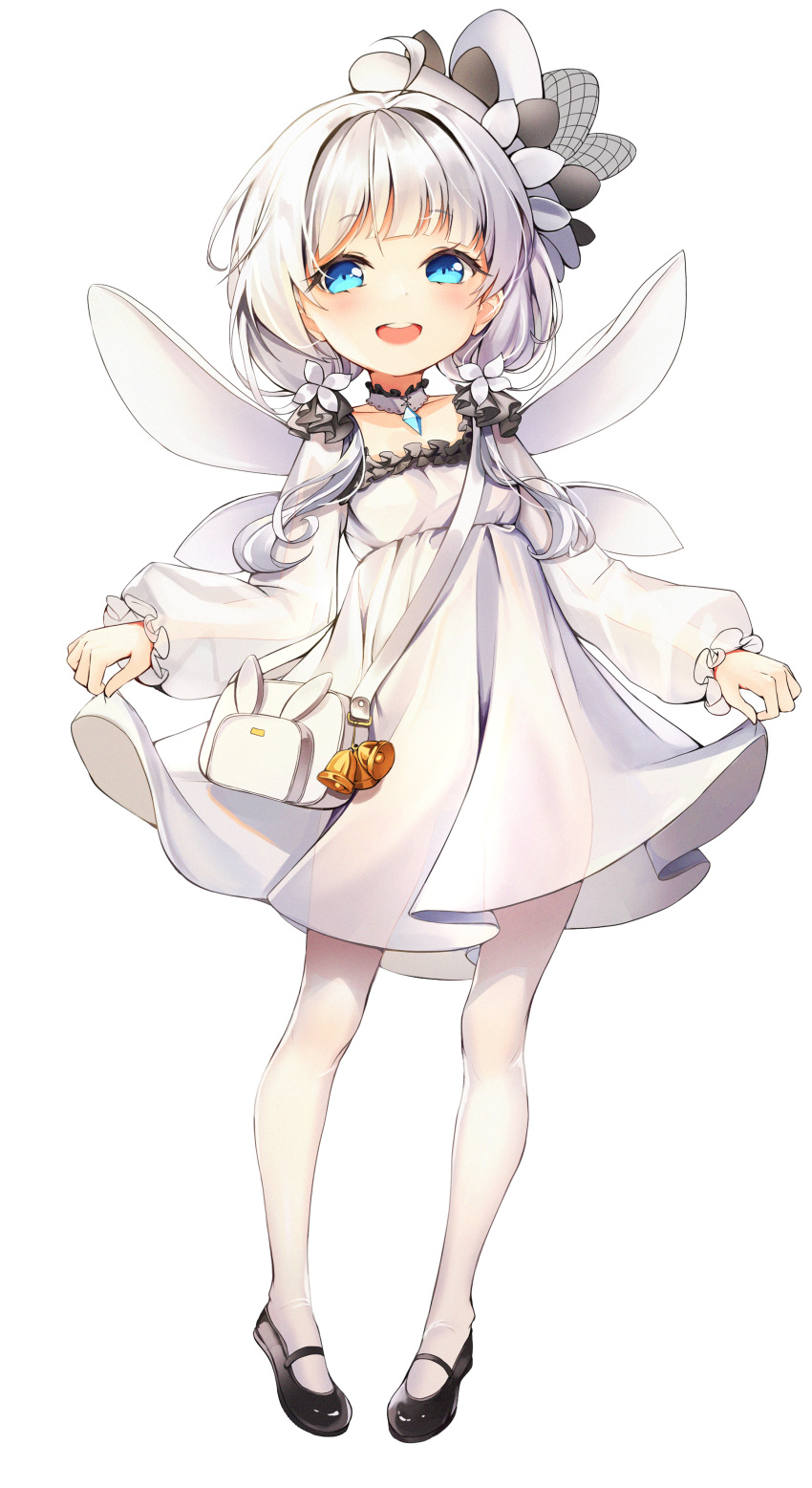 1girl absurdres ahoge azur_lane bag bell black_footwear blue_eyes child detached_collar dress flower full_body hair_flower hair_ornament highres hon_(neo2462) illustrious_(azur_lane) long_hair long_sleeves looking_at_viewer open_mouth pantyhose pigeon-toed shoes short_dress shoulder_bag simple_background skirt_hold smile solo standing twintails white_background white_dress white_flower white_hair white_legwear younger