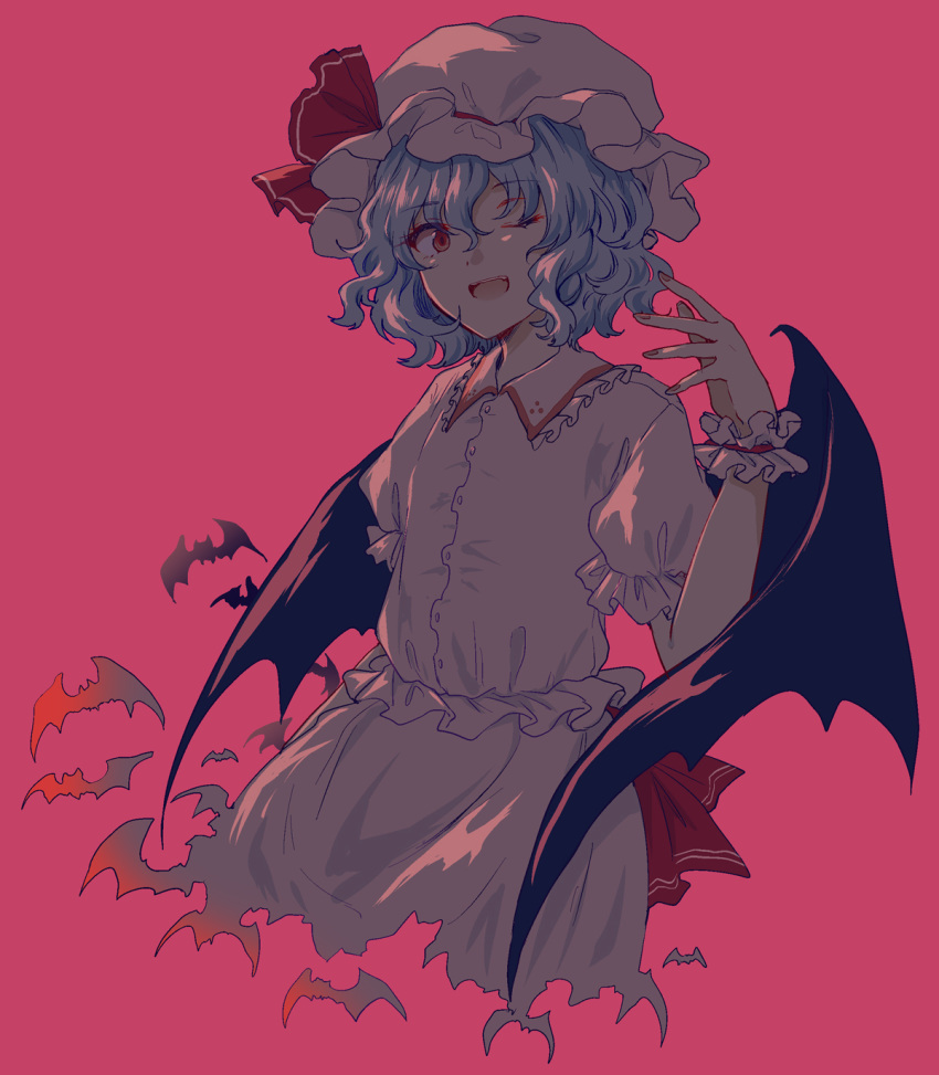 1girl bat bat_wings blue_hair collared_shirt frilled_shirt_collar frills hat highres mob_cap one_eye_closed open_mouth pink_background red_eyes remilia_scarlet shirt short_hair short_sleeves simple_background solo touhou uranaishi_(miraura) waist_bow wings wrist_cuffs